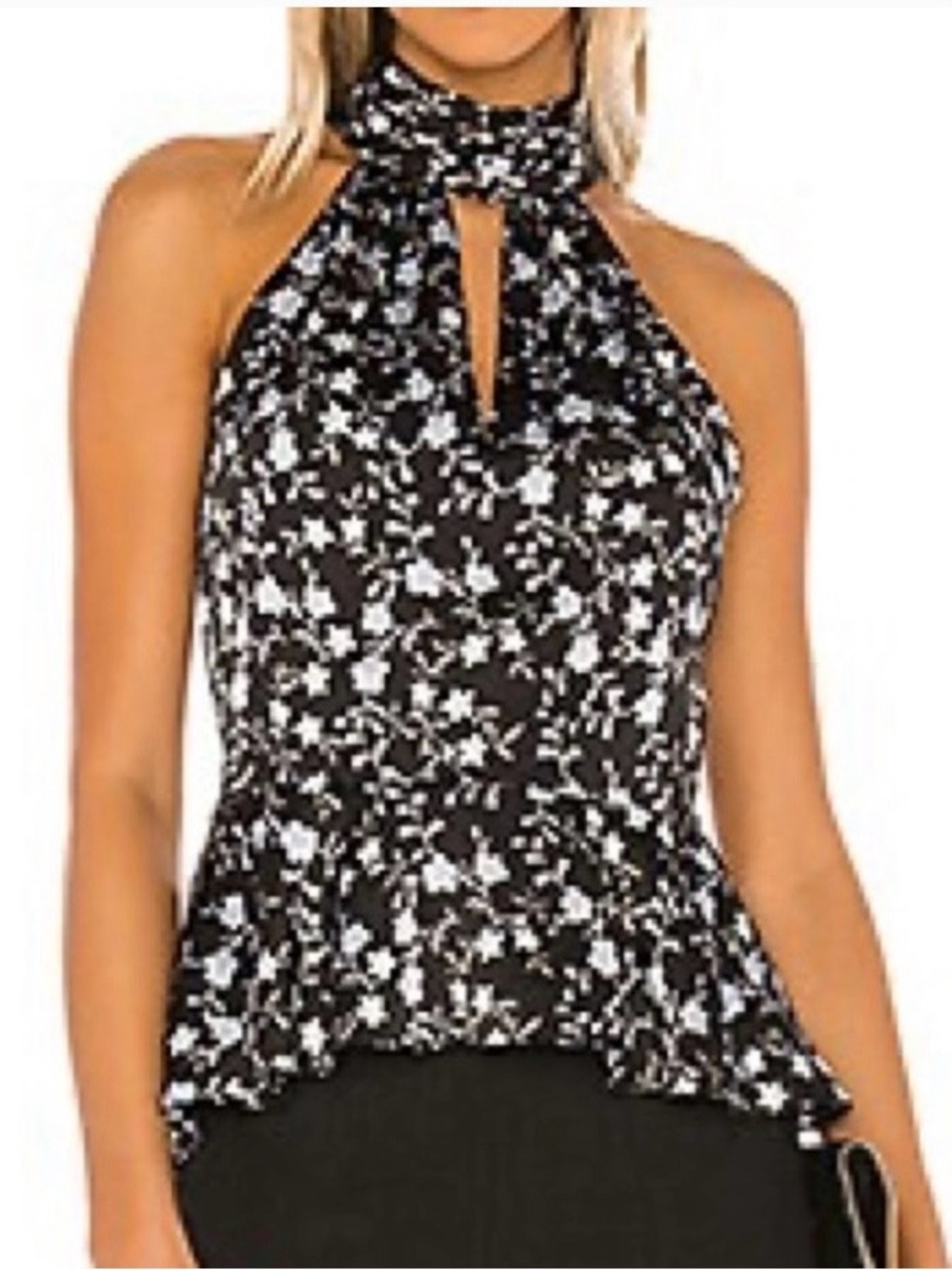 #650 1.State Black Floral Halter Crop Top. NWT. Size XS